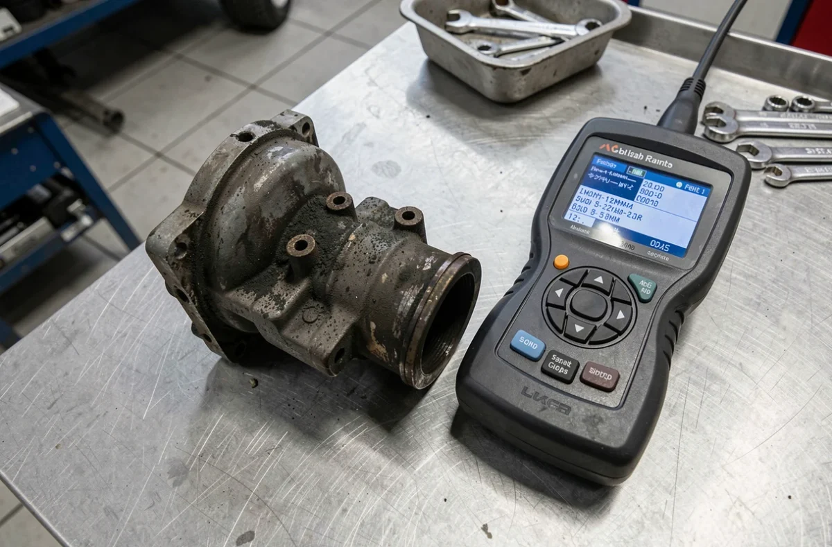 Vanne EGR encrassée posée sur un établi avec un scanner de diagnostic automobile affichant des codes d'erreur