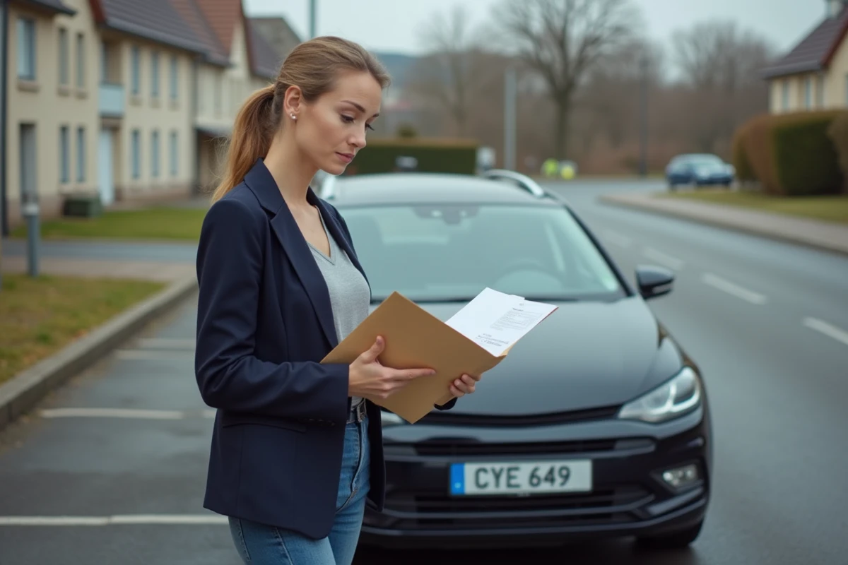 Femme tenant des documents d'importation de véhicule à côté d'une voiture immatriculée à l'étranger
