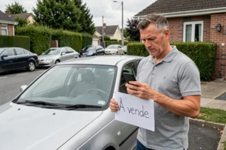 Particulier vendant sa voiture d'occasion devant sa maison avec une pancarte à vendre