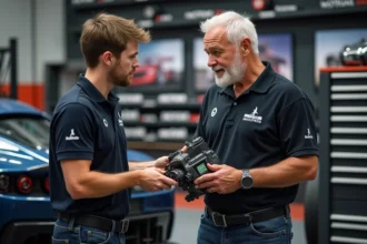 Vendeur de pieces auto motorsport en showroom dynamique