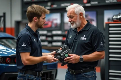 Vendeur de pieces auto motorsport en showroom dynamique