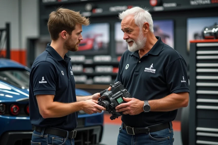 Vendeur de pieces auto motorsport en showroom dynamique