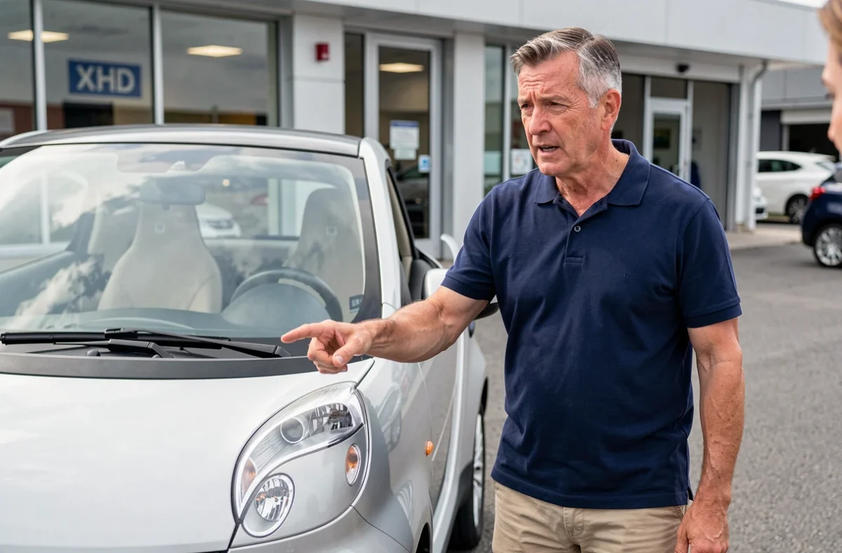 Vendeur expliquant les caractéristiques d'une voiture sans permis à un client devant une concession automobile