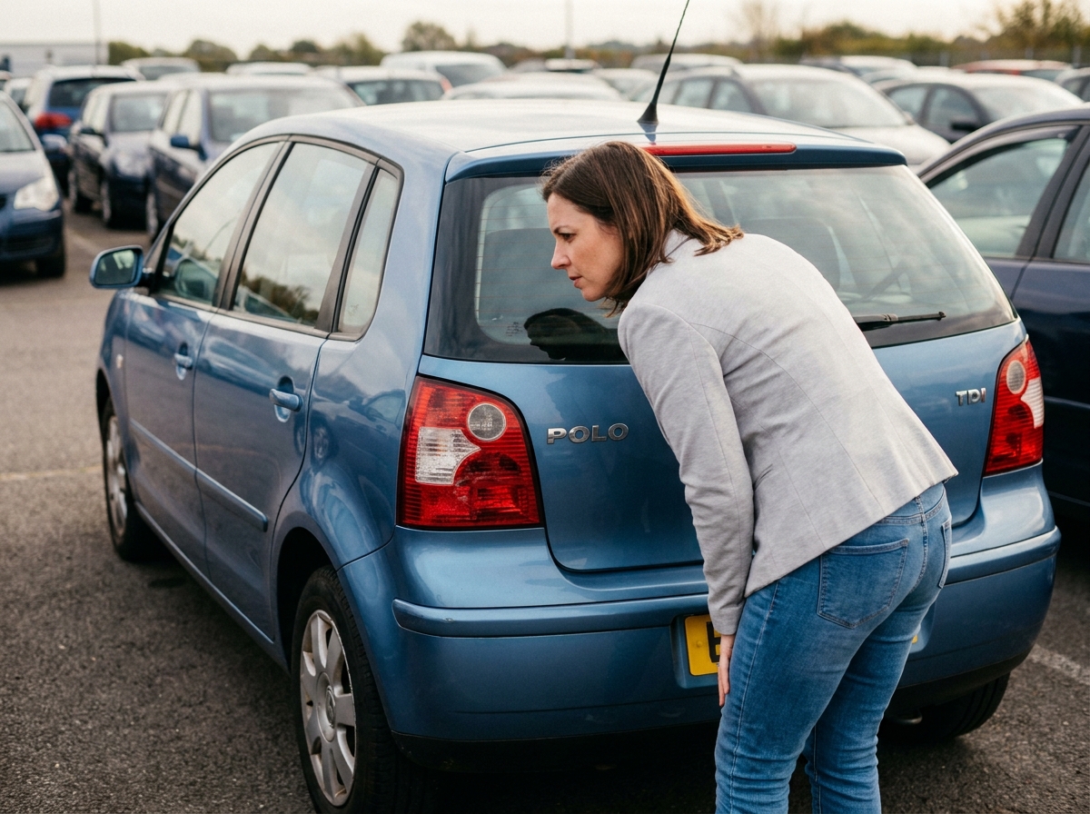 Femme examinant les feux arrière et le pare-chocs d'une Polo 4 d'occasion dans un parking de véhicules d'occasion
