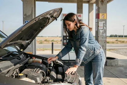 Femme vérifiant le niveau d'huile de sa voiture à une station-service avant un road trip économique
