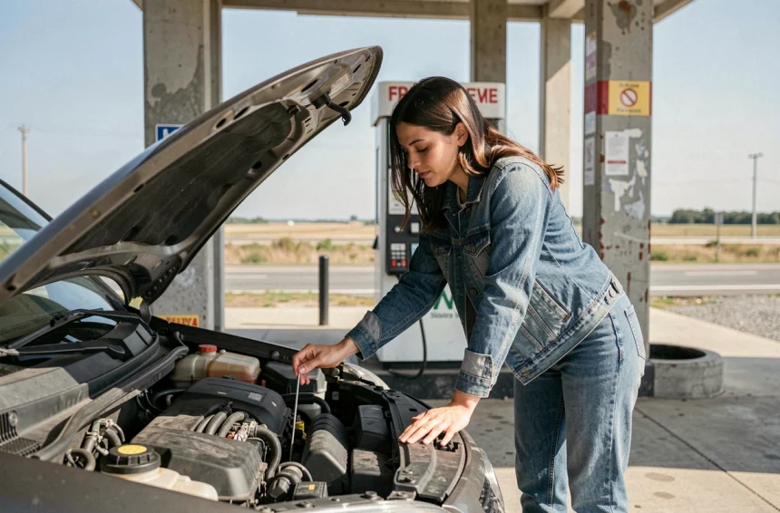 Femme vérifiant le niveau d'huile de sa voiture à une station-service avant un road trip économique