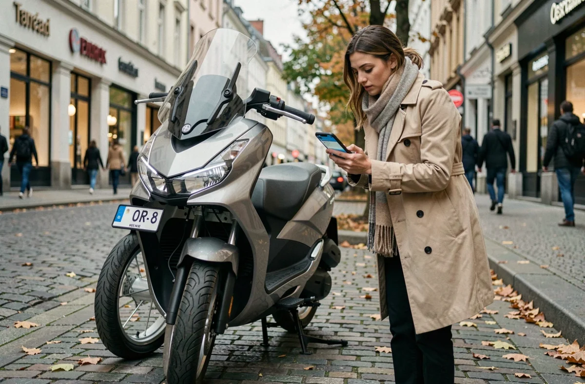 Femme vérifiant les caractéristiques de son scooter avant de souscrire une assurance Klian