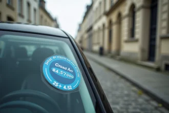 Vignette Crit'Air collée sur le pare-brise d'une voiture dans une rue de Rennes avec façades bretonnes en arrière-plan
