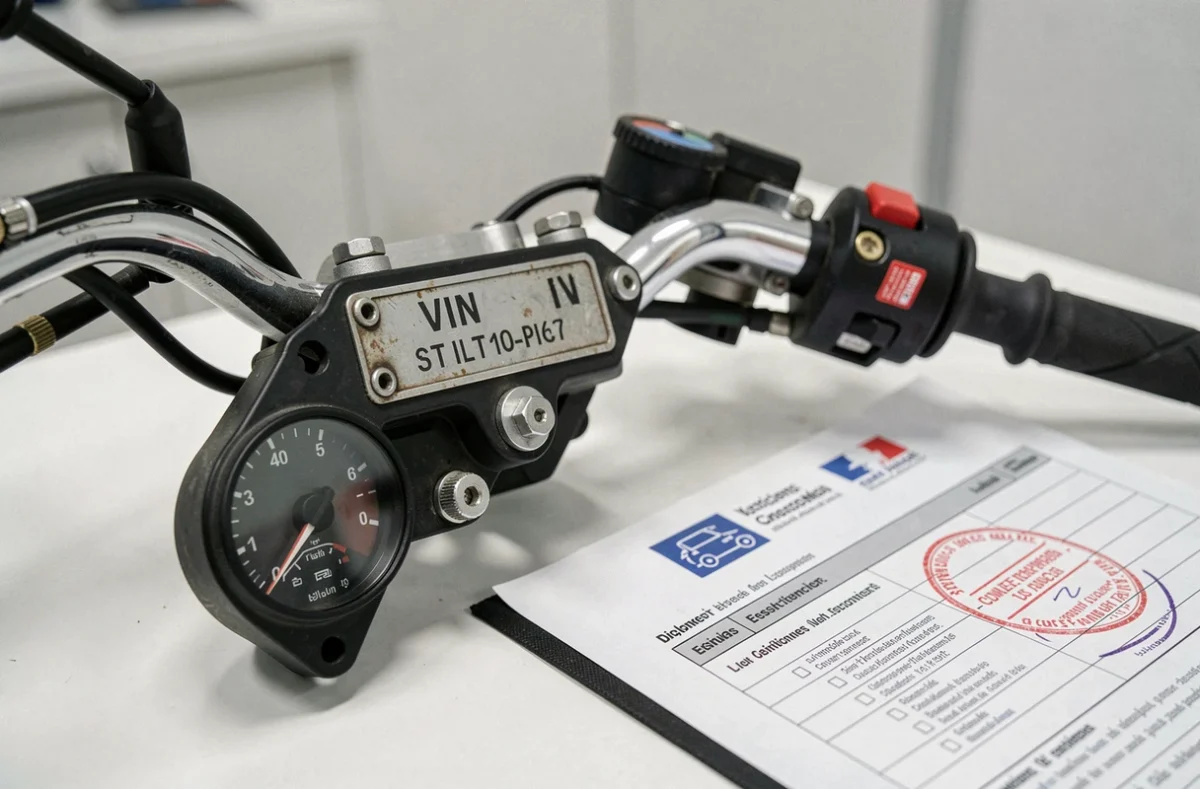 Plaque de numéro VIN et checklist de contrôle technique moto sur table d'inspection officielle