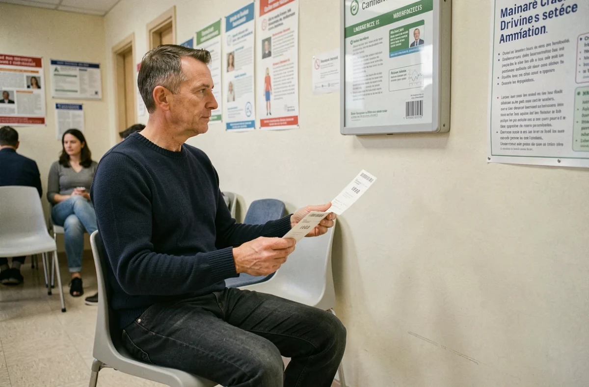Homme attendant sa visite médicale obligatoire pour le renouvellement du permis de conduire
