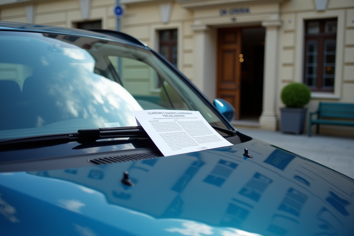 Voiture garée devant un bâtiment officiel avec une note sur le pare-brise