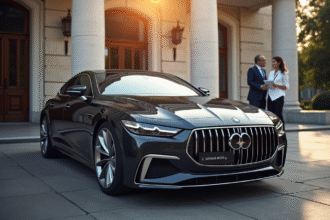 Voiture européenne neuve devant un bâtiment officiel français