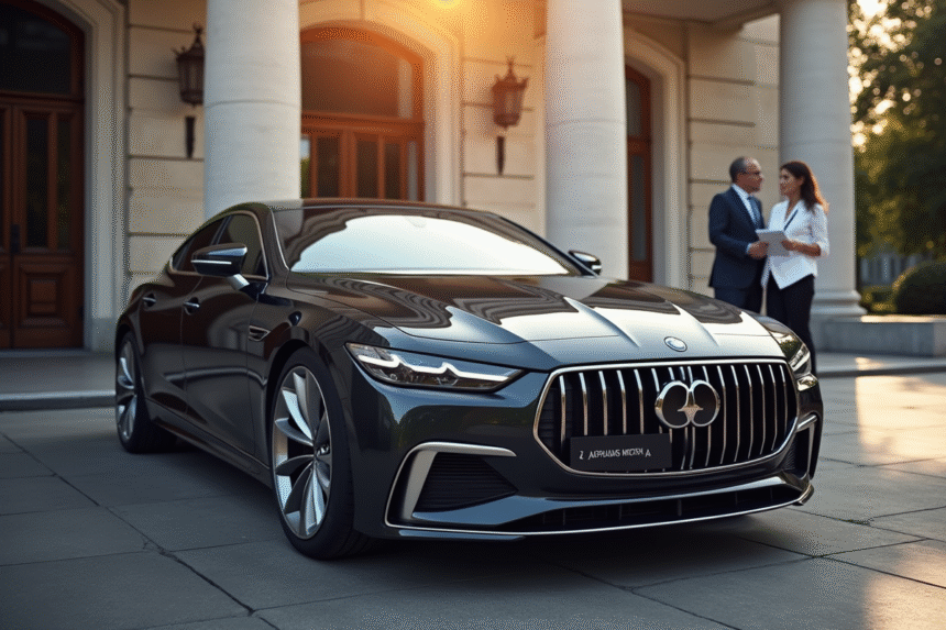 Voiture européenne neuve devant un bâtiment officiel français