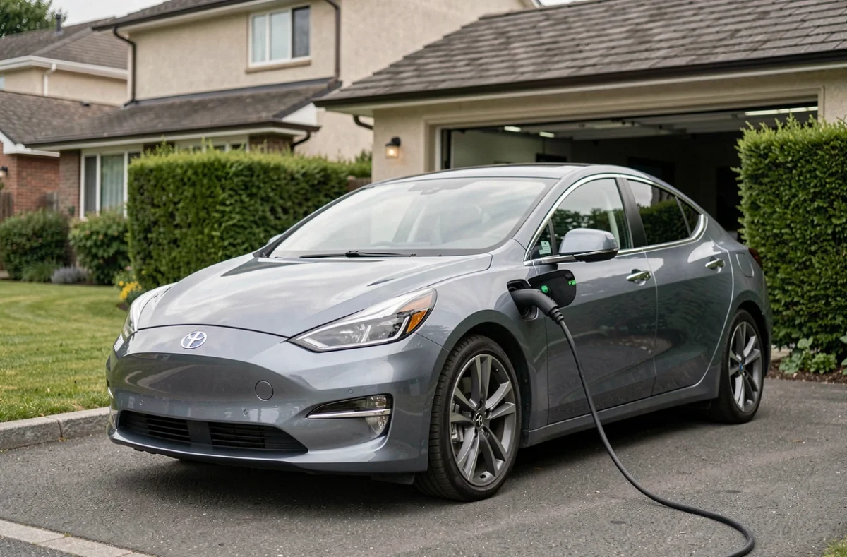 Voiture hybride branchée à une borne de recharge dans une allée résidentielle, illustrant l'assurance auto écologique