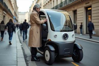 Femme examinant le tableau de bord d'une voiture sans permis électrique garée dans une rue urbaine française