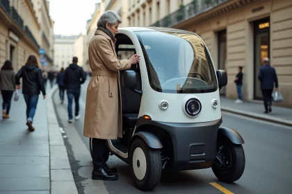 Femme examinant le tableau de bord d'une voiture sans permis électrique garée dans une rue urbaine française
