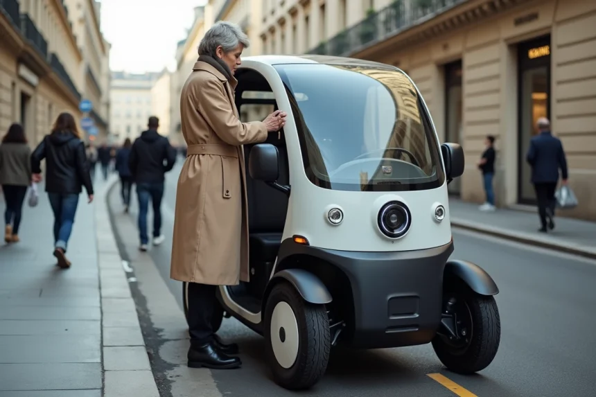 Femme examinant le tableau de bord d'une voiture sans permis électrique garée dans une rue urbaine française
