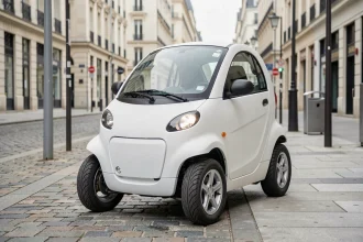 Voiture sans permis électrique compacte garée sur un trottoir urbain en France, modèle quadricycle moderne en blanc mat