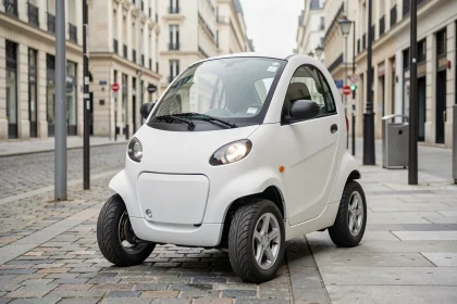 Voiture sans permis électrique compacte garée sur un trottoir urbain en France, modèle quadricycle moderne en blanc mat