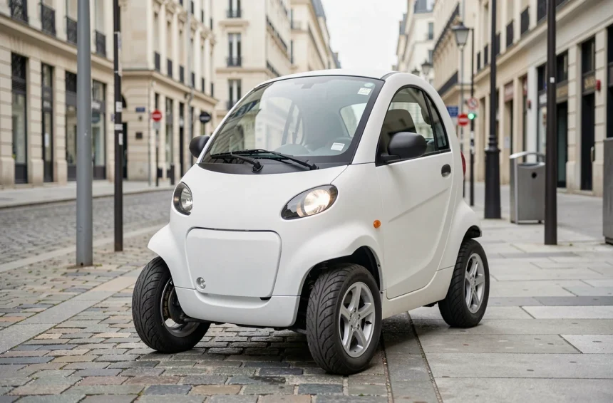 Voiture sans permis électrique compacte garée sur un trottoir urbain en France, modèle quadricycle moderne en blanc mat