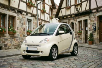 Voiture sans permis d'occasion garée dans un village alsacien du Haut-Rhin avec maisons à colombages