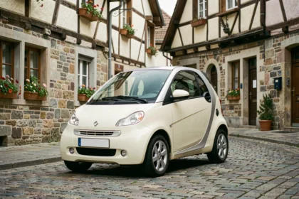 Voiture sans permis d'occasion garée dans un village alsacien du Haut-Rhin avec maisons à colombages