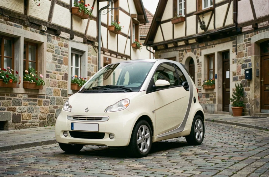 Voiture sans permis d'occasion garée dans un village alsacien du Haut-Rhin avec maisons à colombages