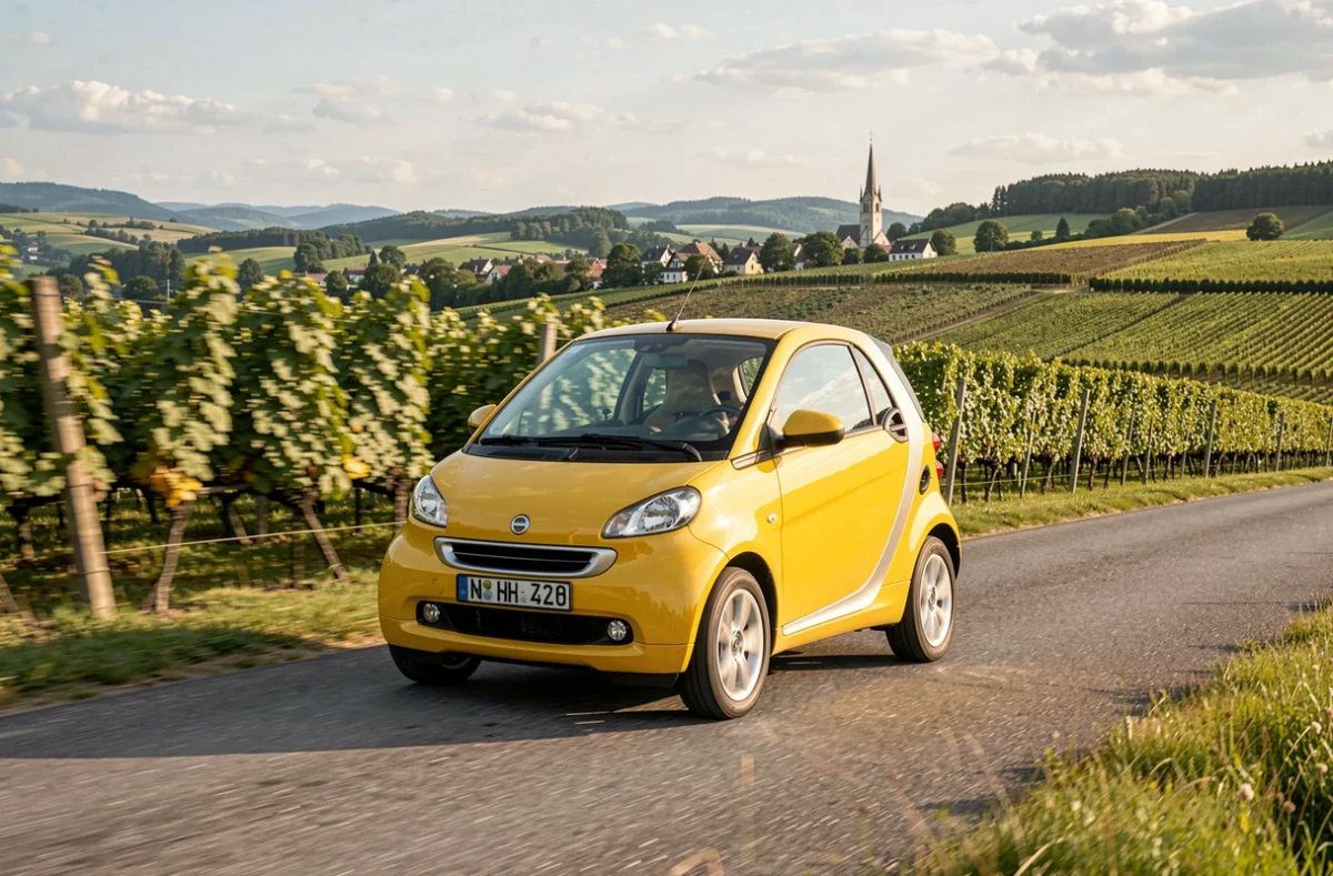 Voiture sans permis roulant sur une route viticole du Haut-Rhin en Alsace