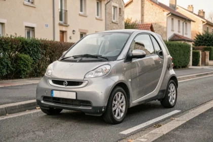 Voiture sans permis compacte garée dans une rue résidentielle française, vue 3/4 avant montrant ses petites dimensions