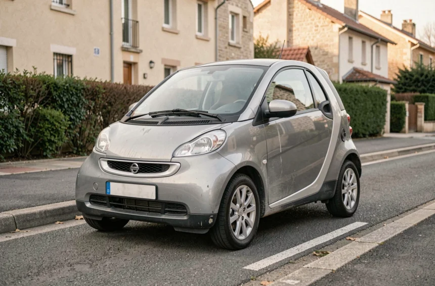 Voiture sans permis compacte garée dans une rue résidentielle française, vue 3/4 avant montrant ses petites dimensions
