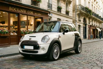 Voiture sans permis au design Mini Cooper garée dans une rue pavée parisienne devant une boulangerie