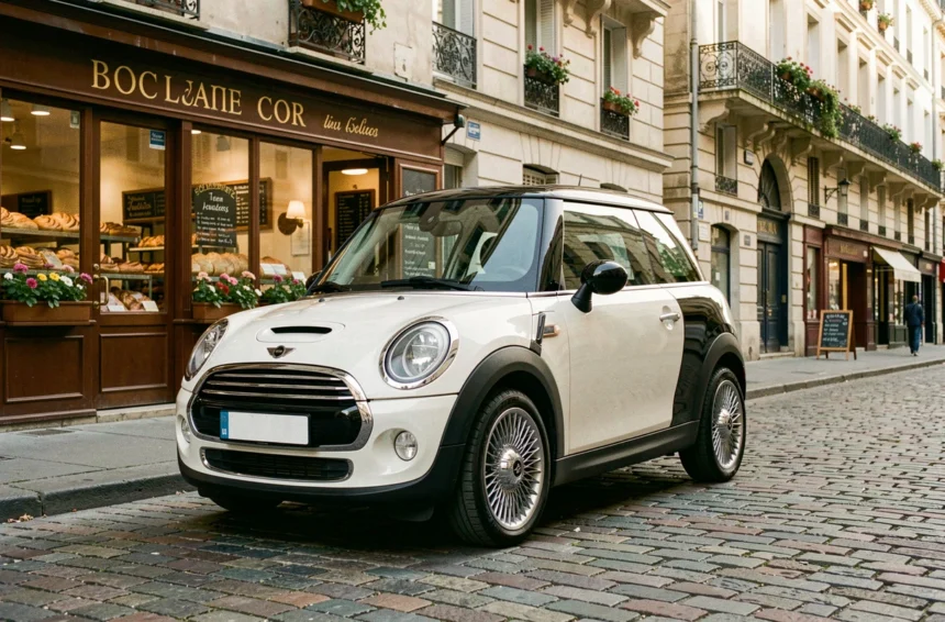 Voiture sans permis au design Mini Cooper garée dans une rue pavée parisienne devant une boulangerie