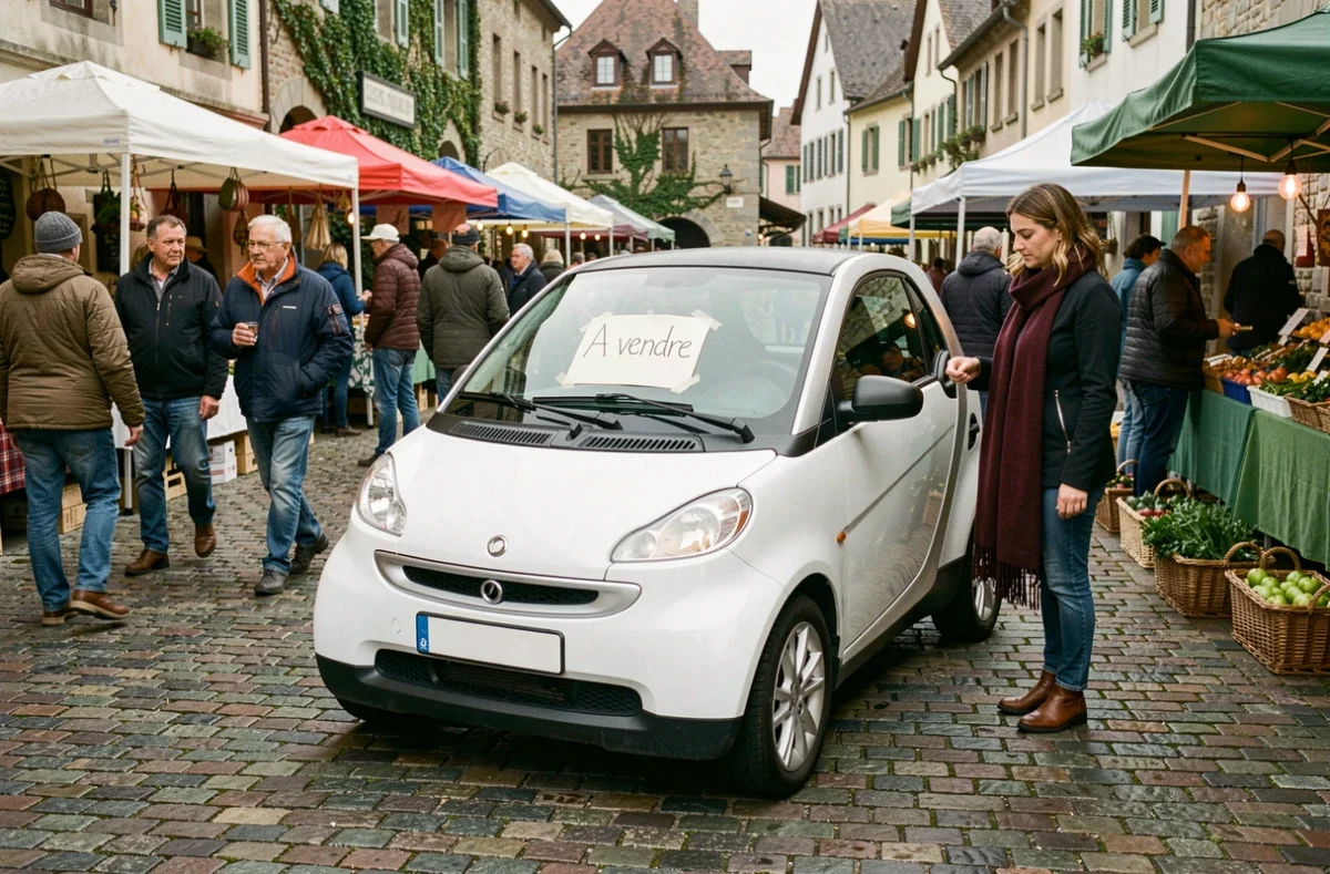 Voiture sans permis à vendre sur un marché de village en Moselle avec panneau particulier