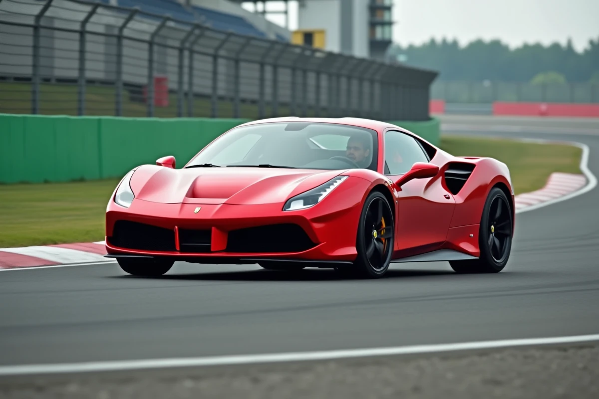 Voiture de sport rouge en pleine action dans un virage sur un circuit de pilotage professionnel