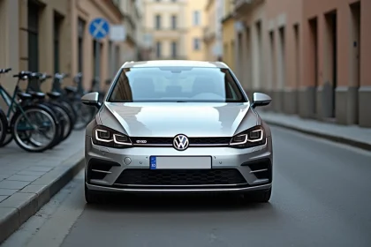 Volkswagen Golf 7 argentée vue de trois quarts avant dans une rue urbaine, dimensions et silhouette compacte bien visibles