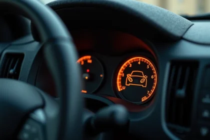 Voyant orange rond en forme de voiture allumé sur le tableau de bord d'une Peugeot après révision