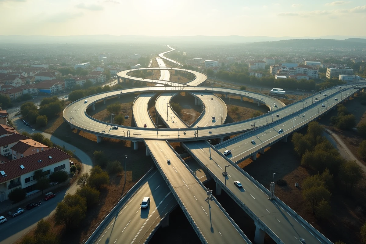 Vue aérienne de l'échangeur du périphérique de Toulouse avec trafic ralenti et paysage urbain environnant
