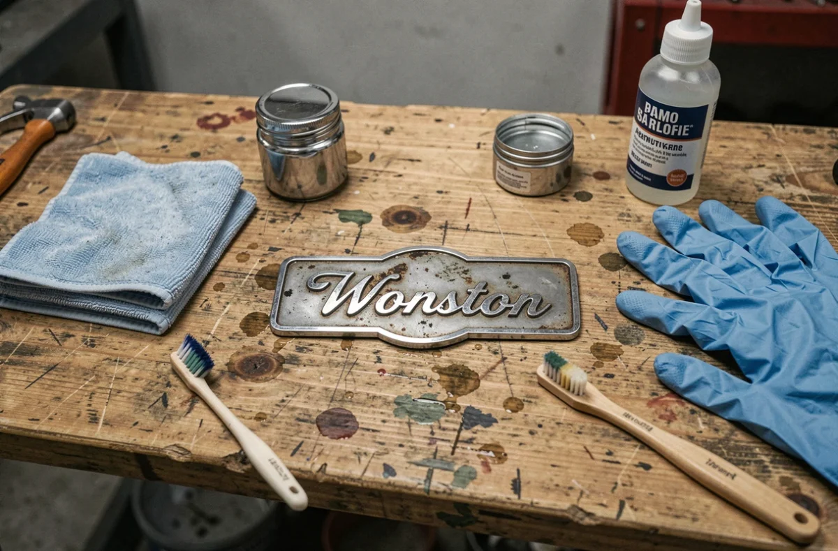 Vue de dessus du logo Ford Mustang démonté posé sur un établi avec des produits et outils de nettoyage et protection chromé