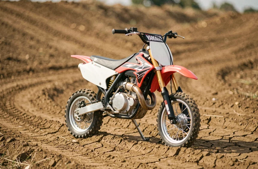 Yamaha PW80 modifiée en moto de cross avec guidon rehaussé et pneus tout-terrain sur piste en terre