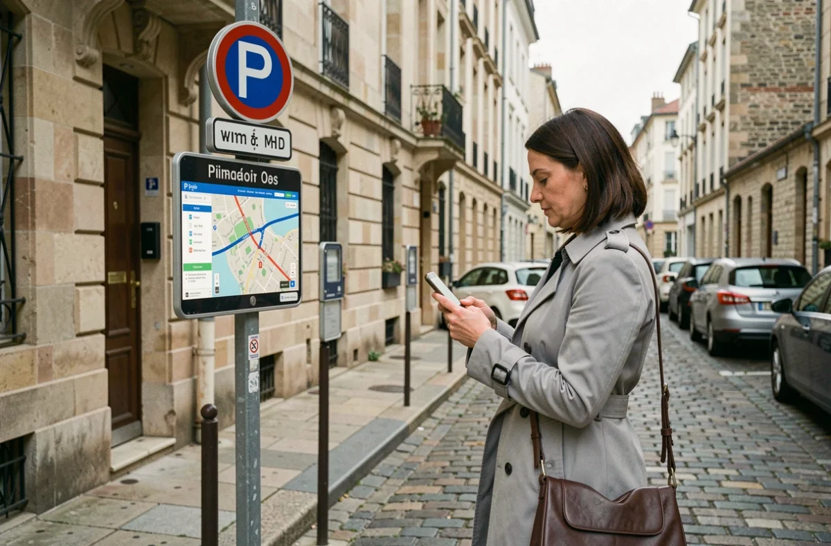 Femme vérifiant une carte de zone de stationnement sur smartphone devant un panneau de stationnement dans une rue de Bordeaux